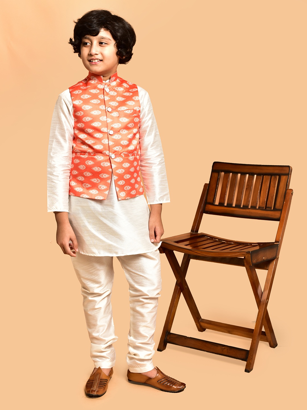 

PRINTINDIA Boys Mandarin Collar Regular Straight Kurta with Churidar, White