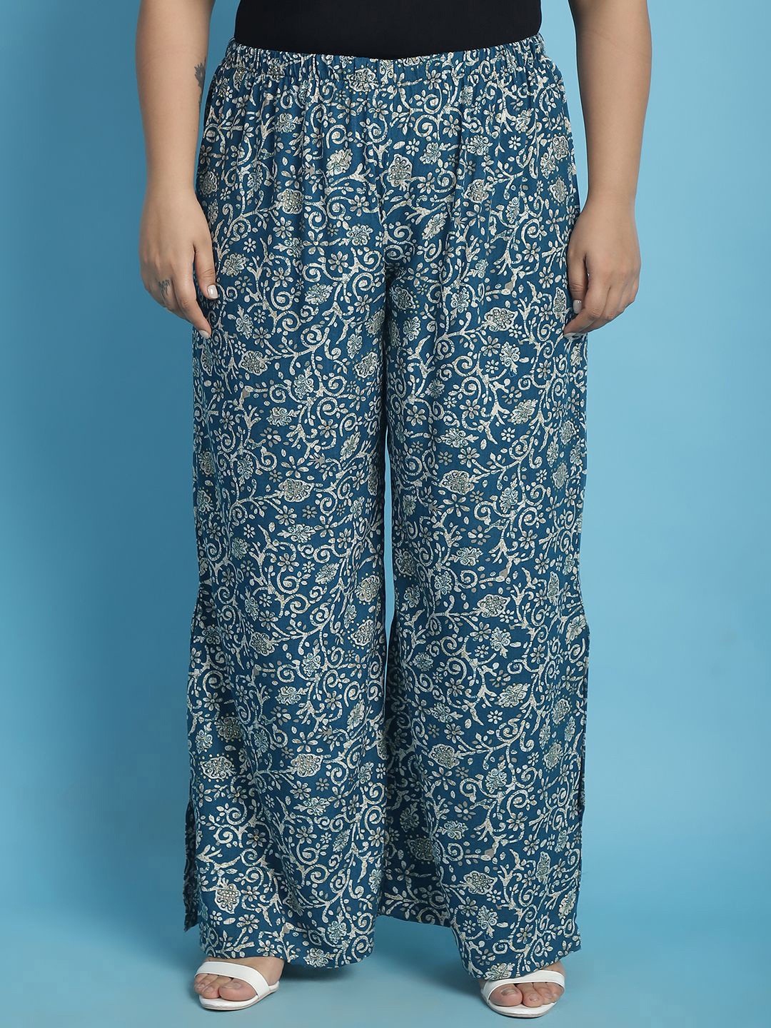 

theRebelinme Women Floral Printed Plus Size Palazzos, Teal