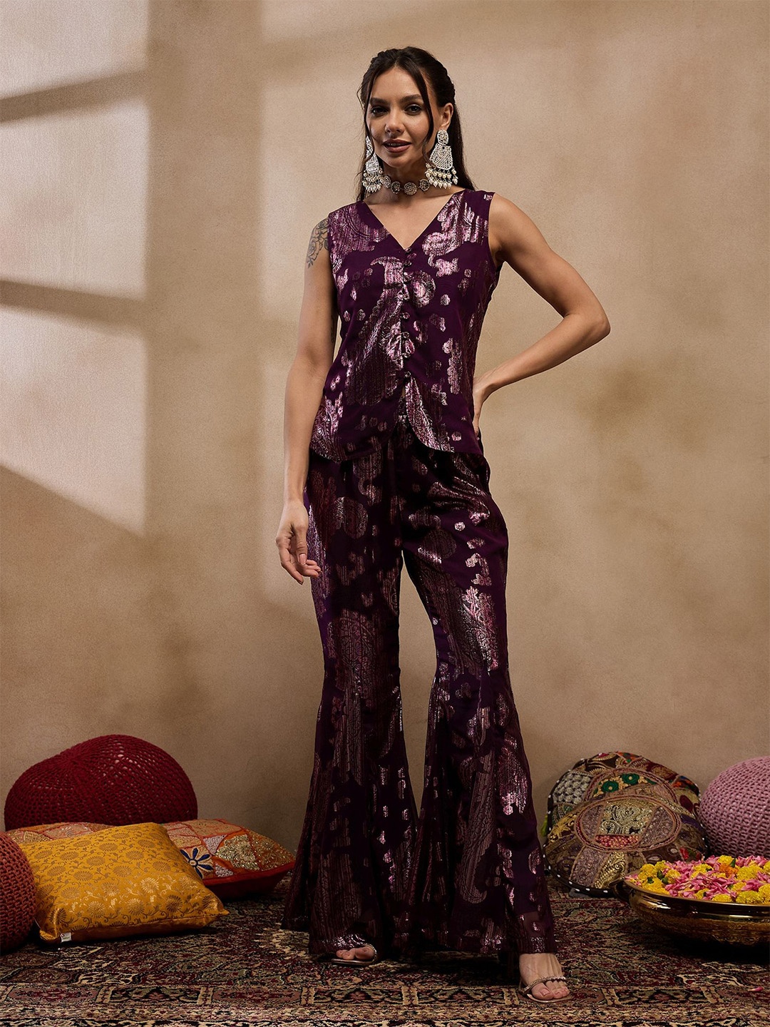 

MABISH by Sonal Jain Woven Design V-Neck Sleeveless Waistcoat With Trouser, Purple