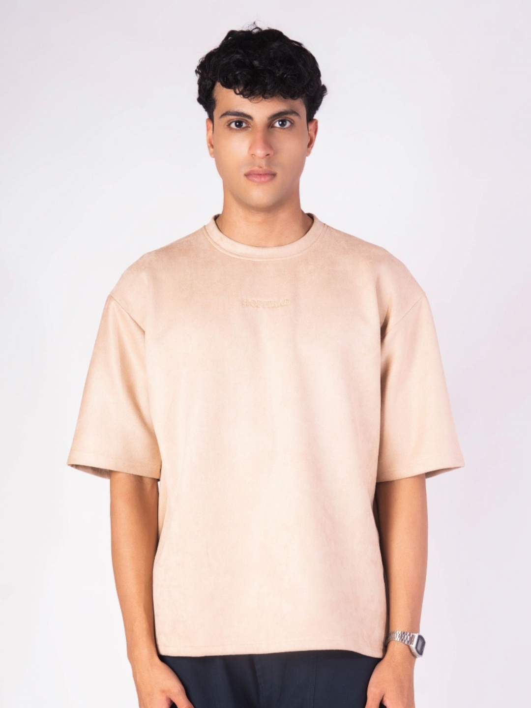 

HOP HEAD Embroidered Suede T-Shirt, Peach