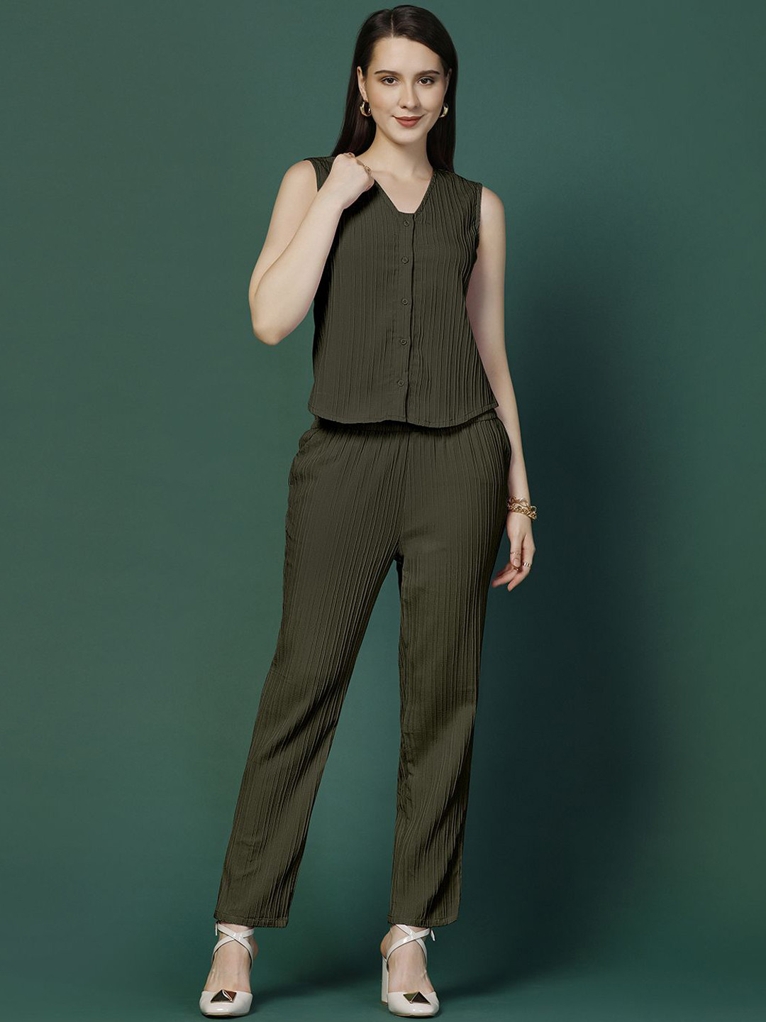

Moda Rapido Olive V-Neck Top With Trousers
