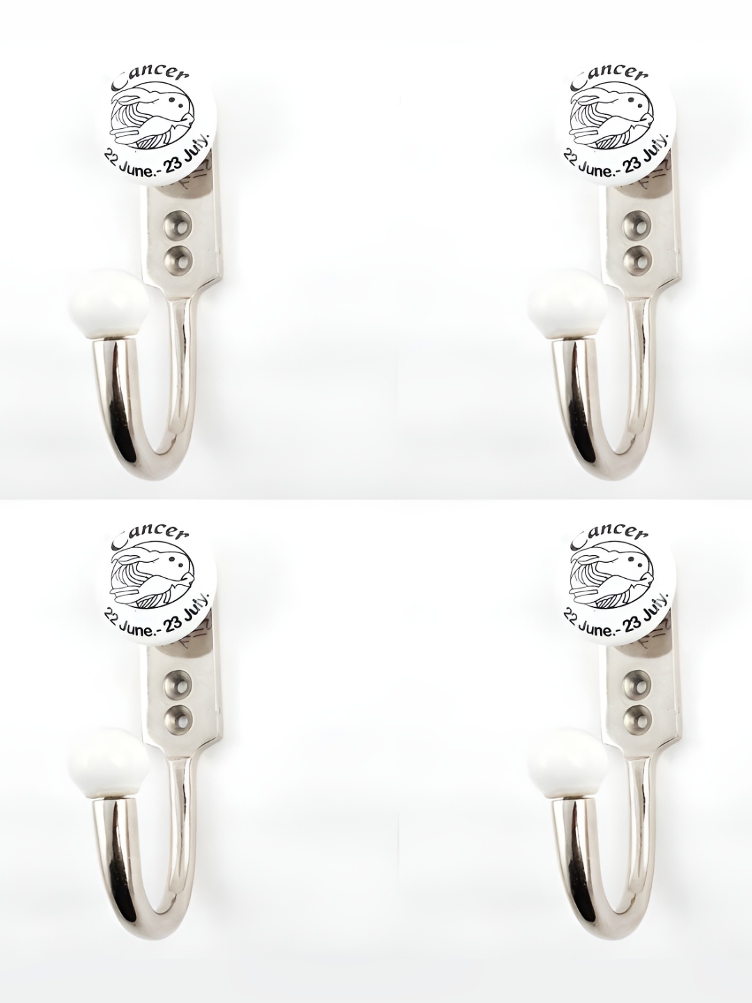 

IndianShelf White & Silver Toned 4 Pieces Cancer Zodiac Printed Ceramic Wall Hooks