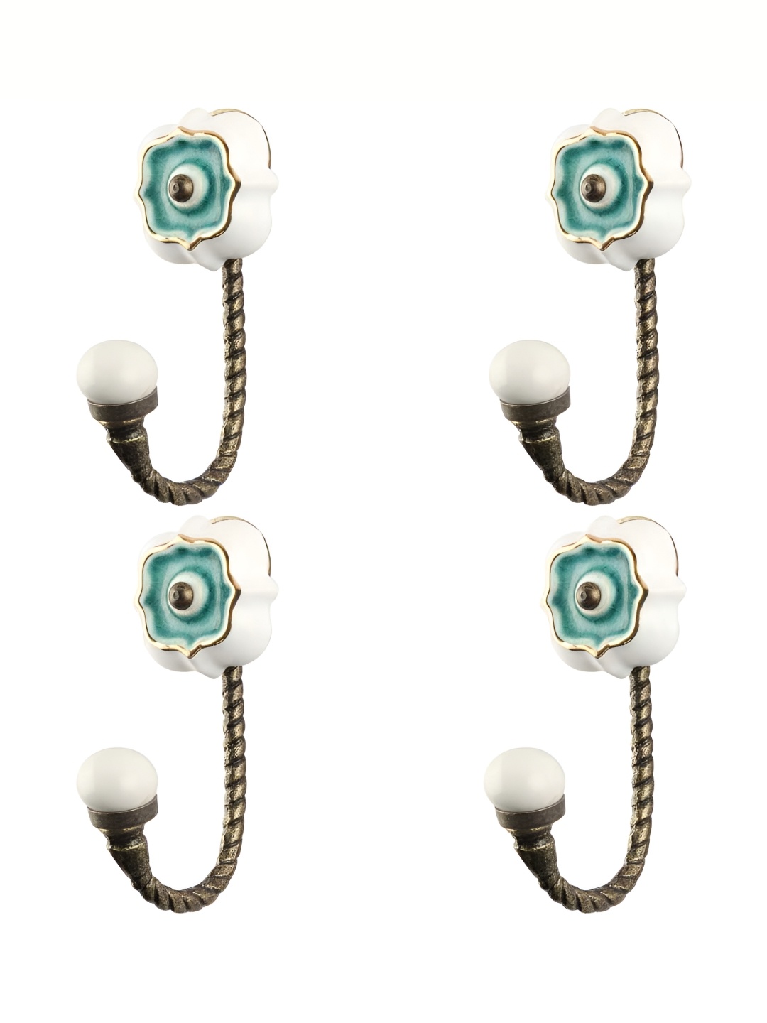 

IndianShelf White & Green 4 Pieces Textured Ceramic Wall Hooks