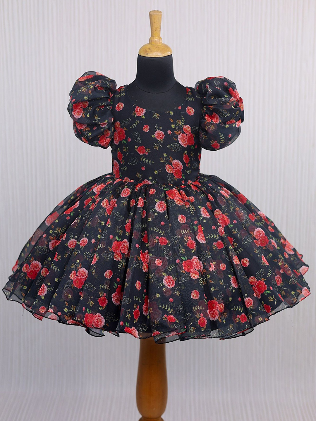 

Li & Li Boutique Girls Floral Printed Puff Sleeve Net Fit & Flare Dress, Black
