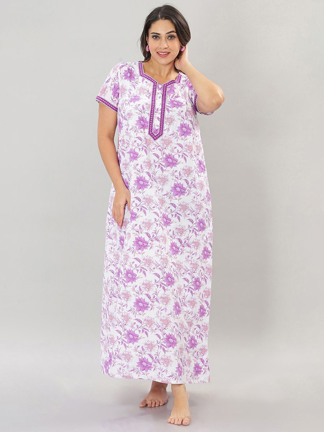 

NAIDU HALL Women Everyday Floral Printed Pure Cotton Maxi Nightdress, Purple
