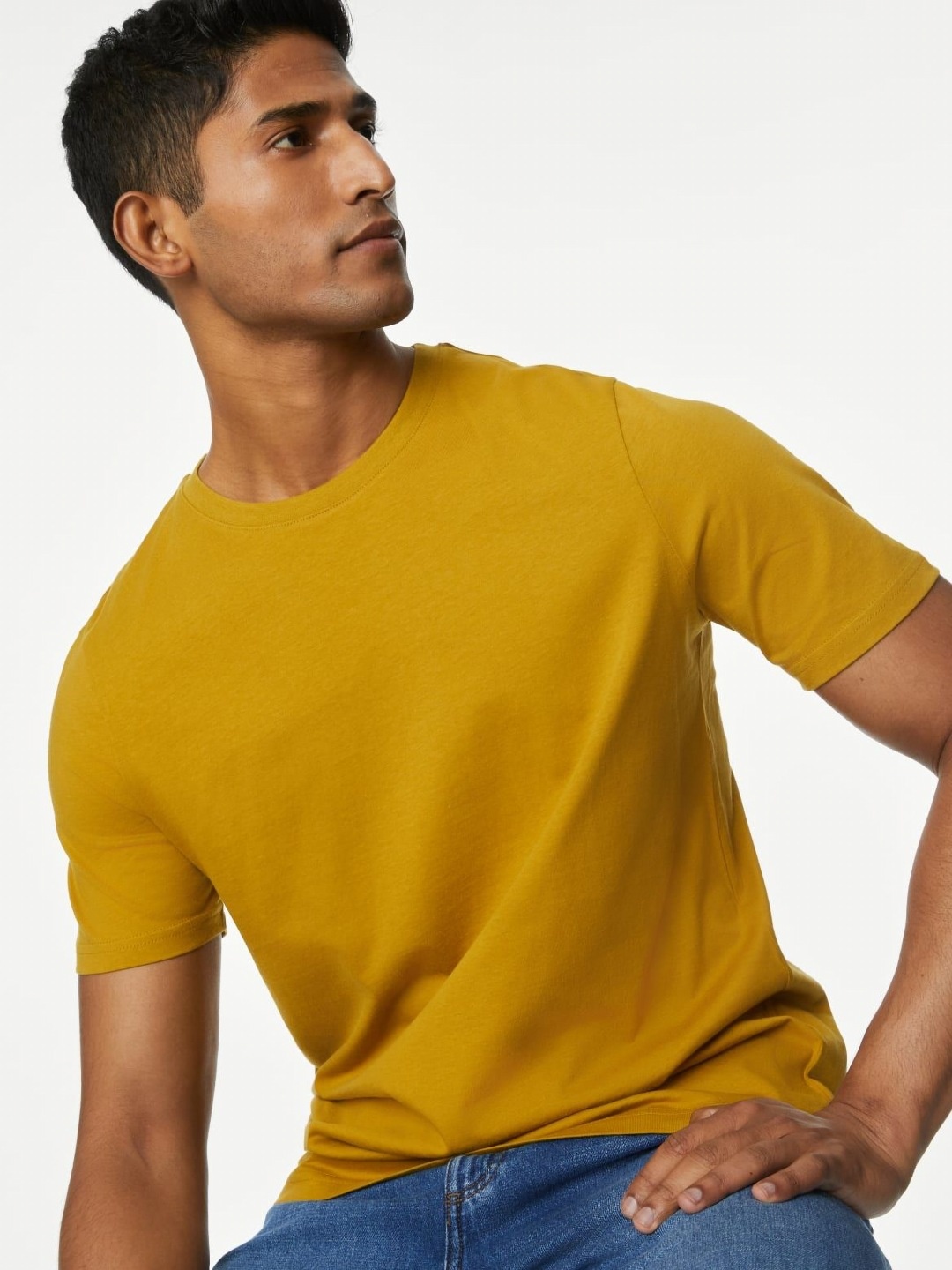 

Marks & Spencer Men Solid Round Neck Cotton T-shirt, Mustard