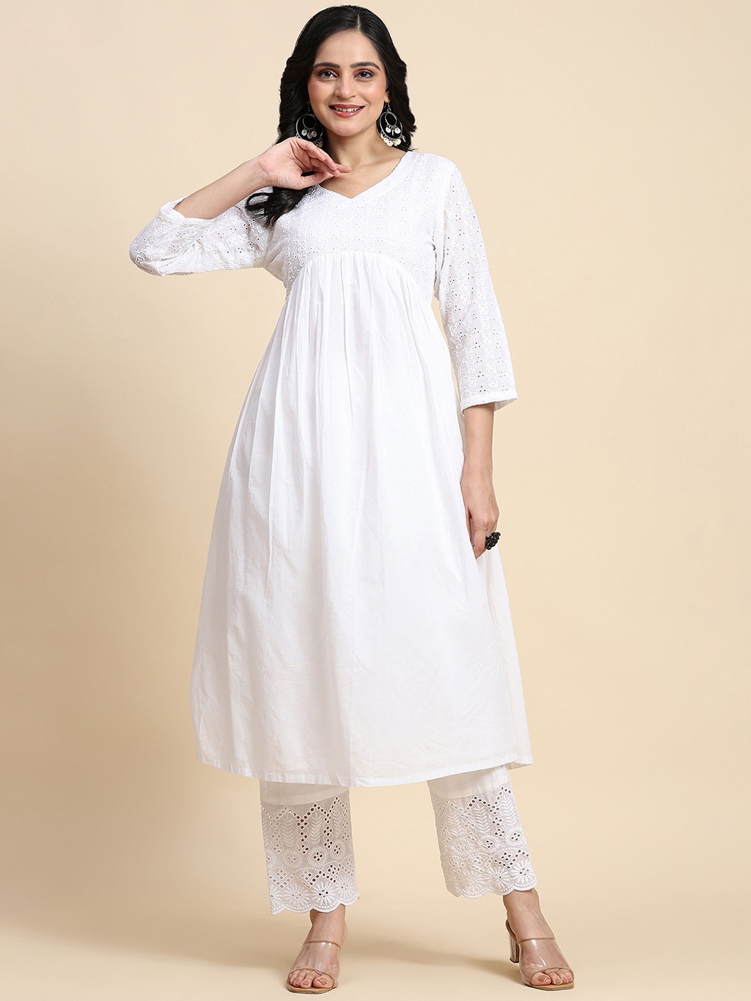

Trendmalls Embroidered Pure Cotton Tunic With Trouser, White