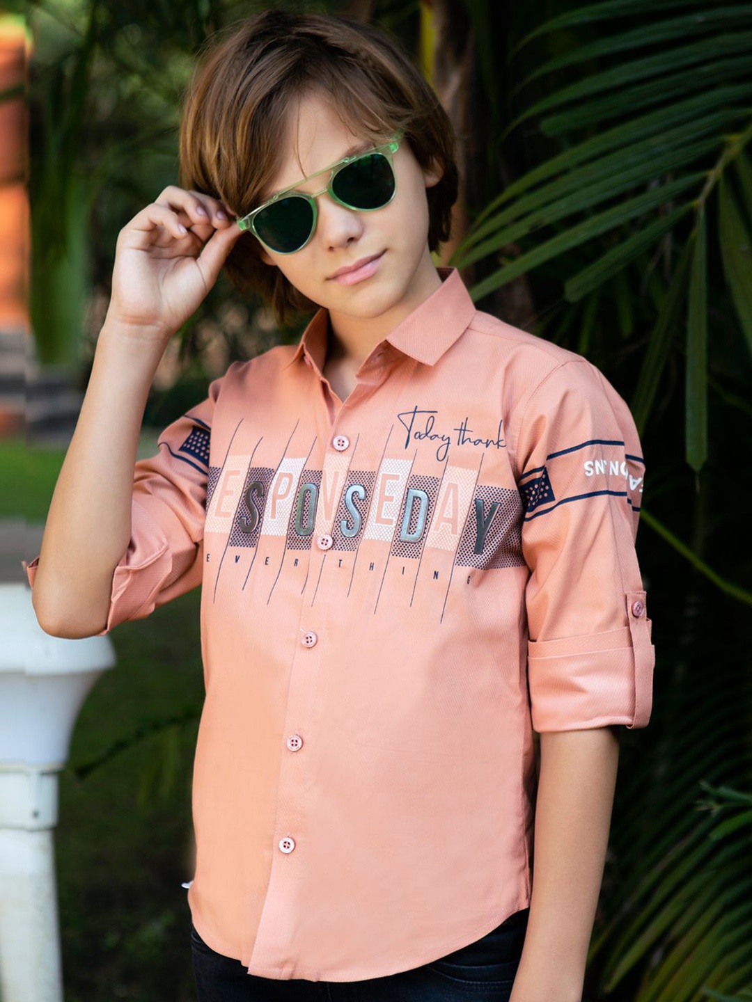 

MashUp Boys Classic Spread Collar Typography Printed Cotton Casual Shirt, Peach