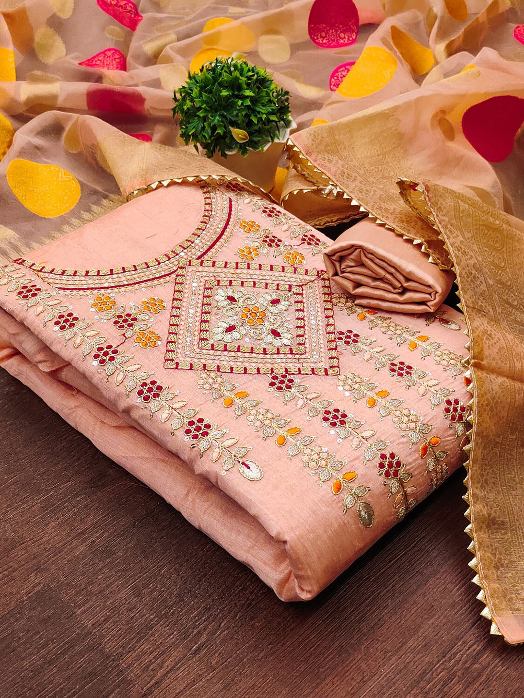 

Aika Floral Embroidered Sequinned Unstitched Dress Material, Peach