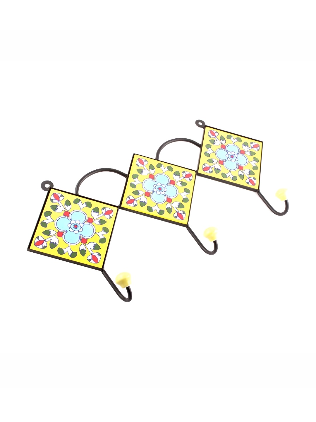 

IndianShelf Yellow & Black Printed Ceramic Tiny Floral Tile Key Hooks