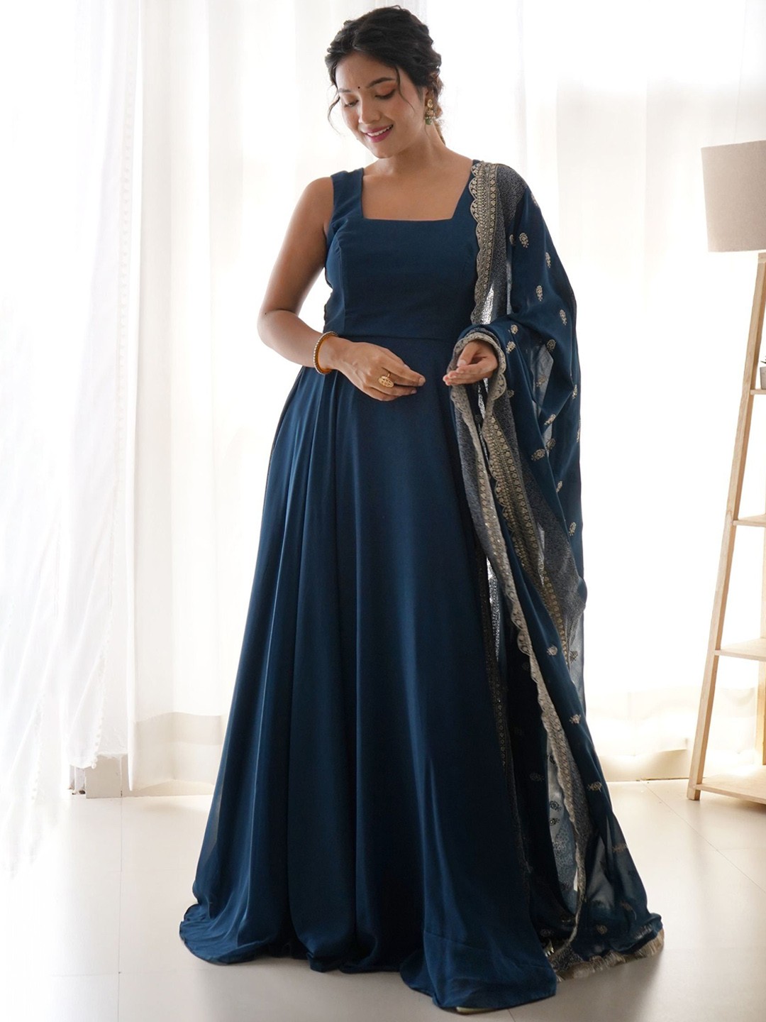 

BAESD Square Neck Georgette Gown Ethnic Dresses With Dupatta, Blue