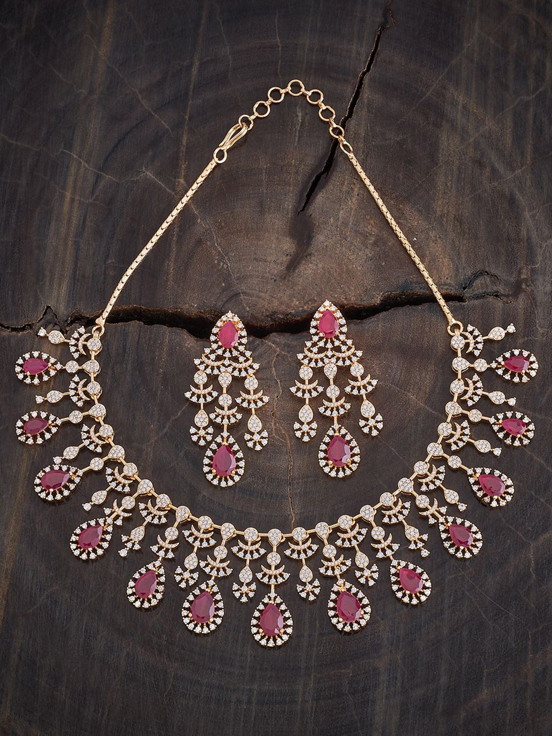 

Kushal's Fashion Jewellery Gold-Plated CZ Stone Studded Necklace and Earrings