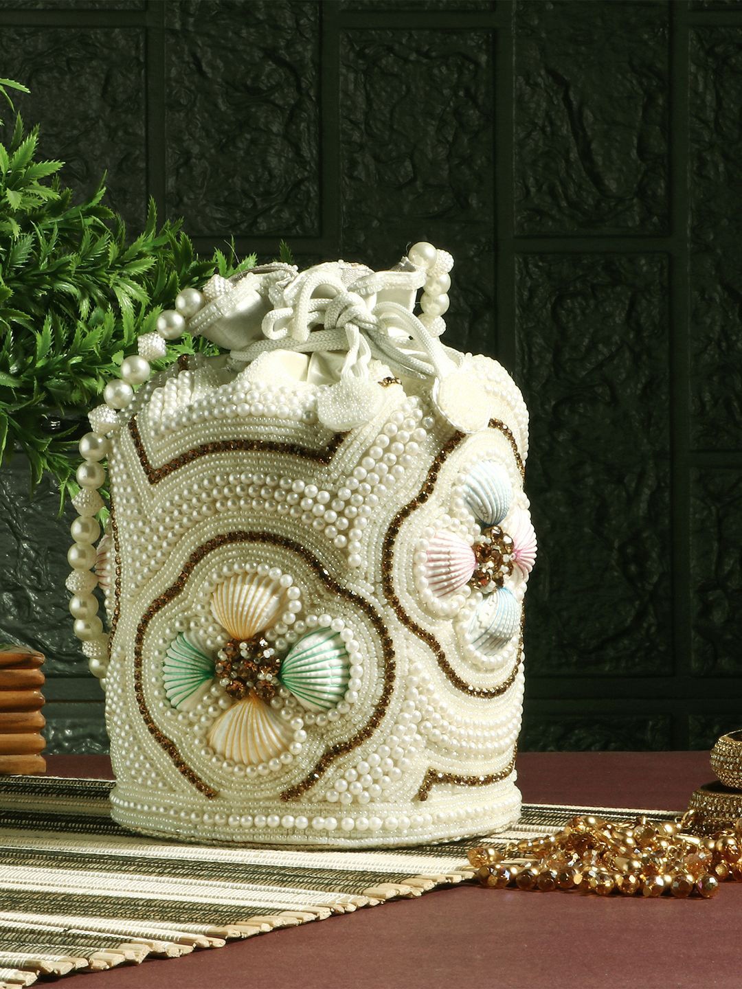 

Exotic Embellished Embroidered Silk Potli Clutch, White