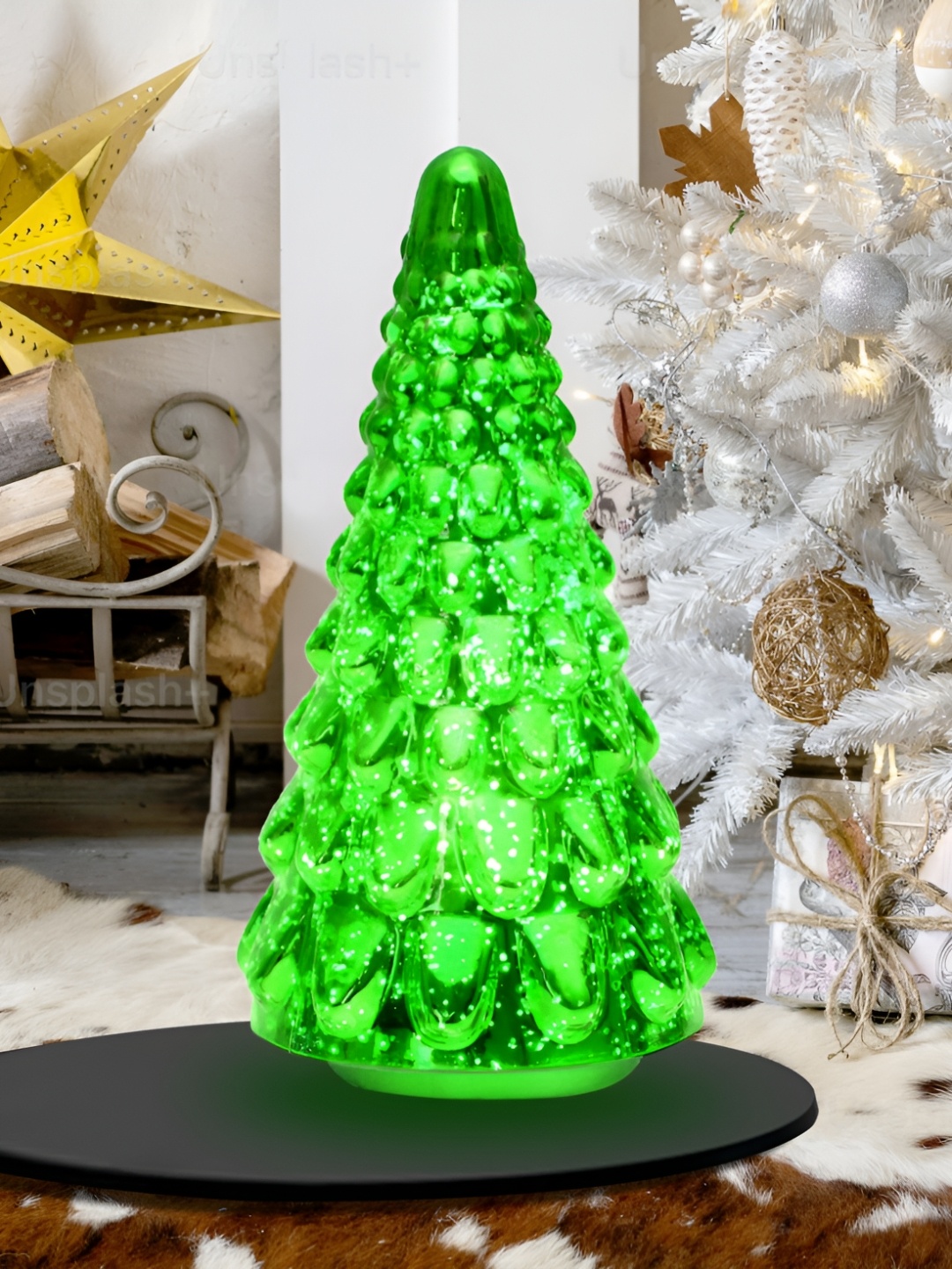 

Homesake Green Glass Christmas Tree Decorations Table Light Showpiece