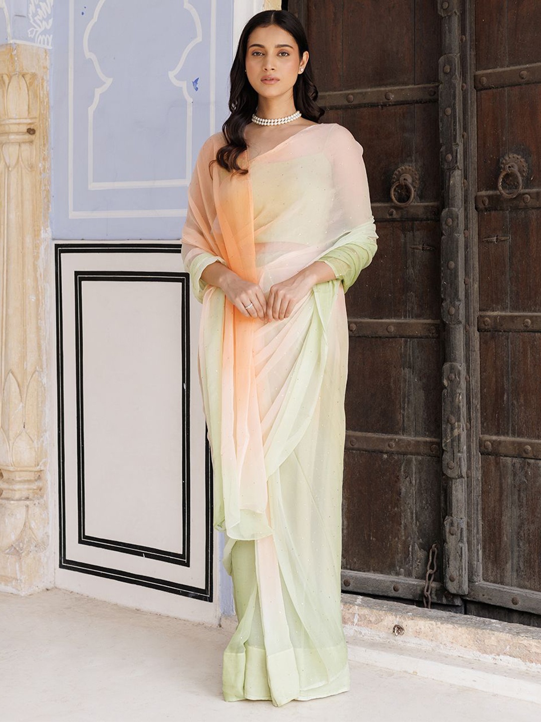 

Geroo Luxe Ombre Printed Mukaish Pure Chiffon Ready to Wear Saree, Green