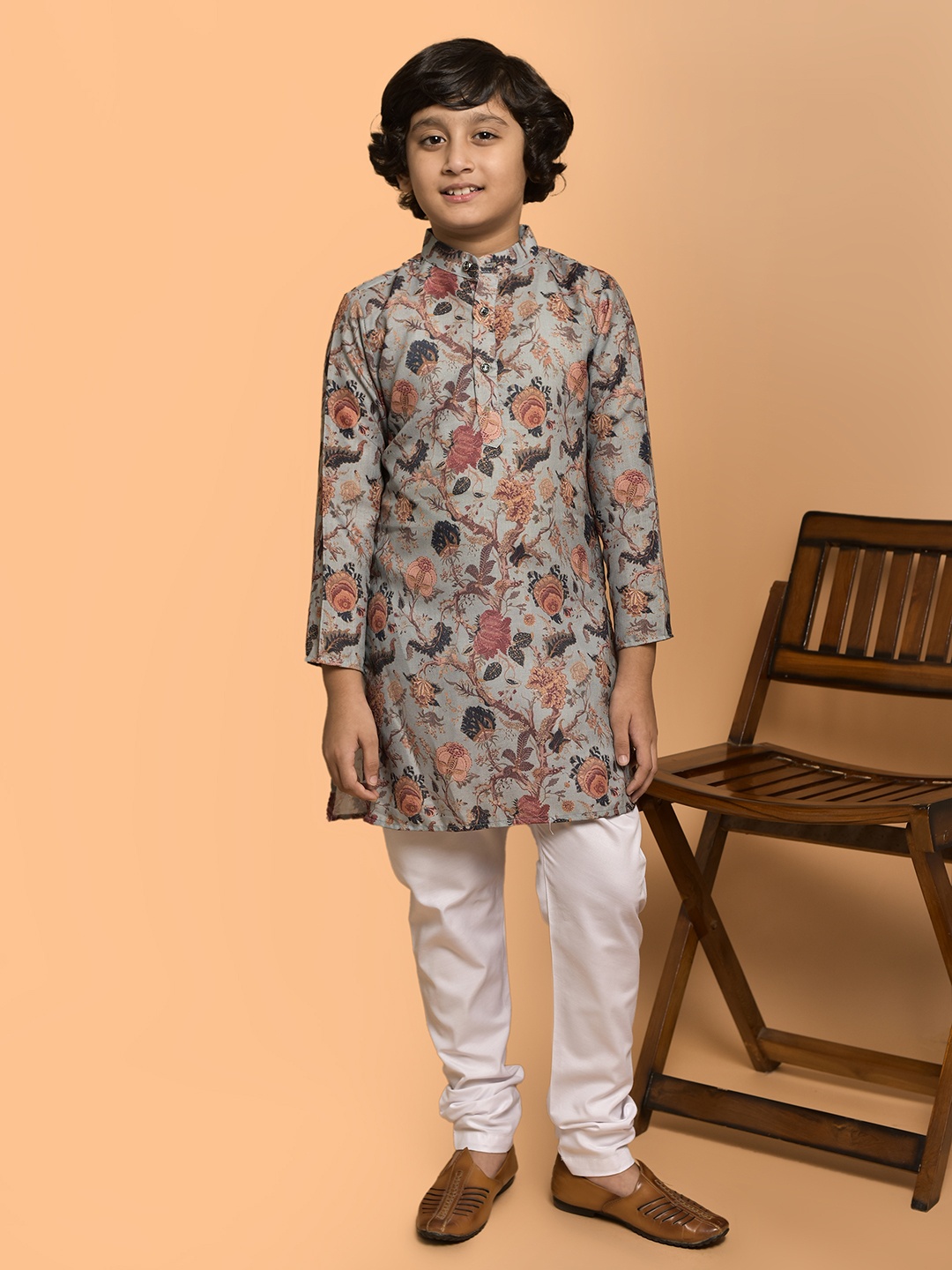 

PRINTINDIA Boys Band Collar Floral Printed Straight Kurta with Trouser, Grey