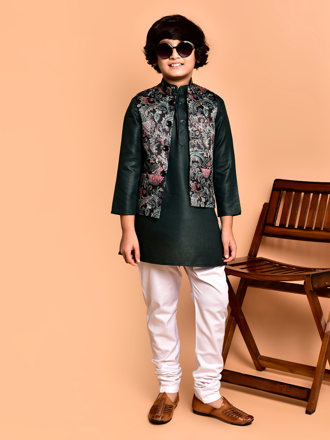 

PRINTINDIA Boys Mandarin Collar Regular Straight Kurta with Churidar, Green