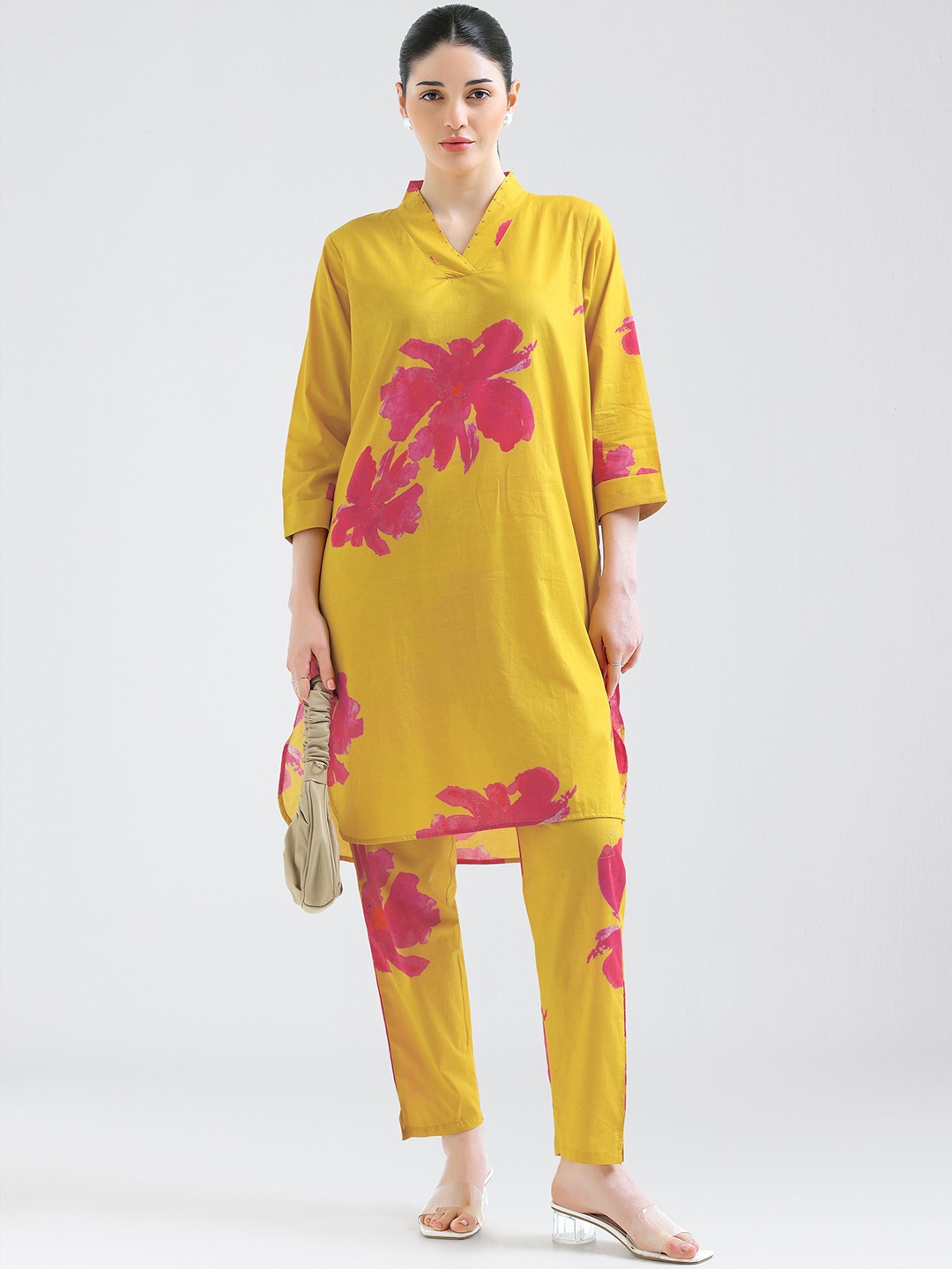 

I like me Floral Printed Pure Cotton Kurta Set, Yellow