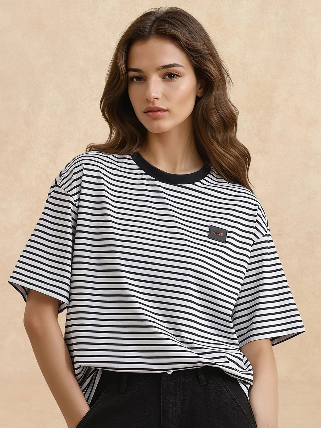 

RAREISM Women Striped Round Neck Cotton Relaxed Fit T-shirt, White