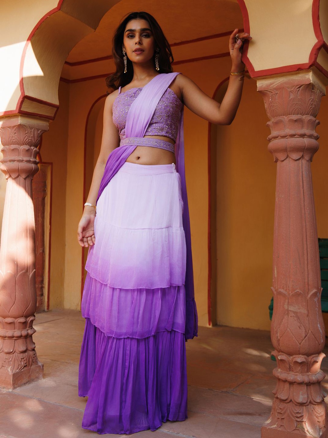 

Geroo Luxe Ombre Embroidered Pure Chiffon Ready to Wear Saree, Purple