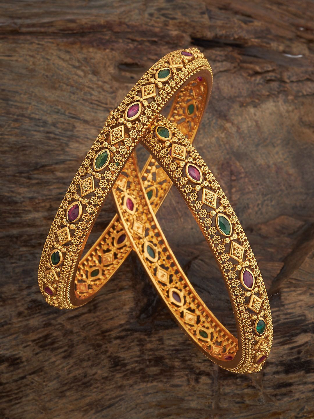 

Kushal's Fashion Jewellery Set Of 2 Gold Plated Stone Studded Bangles