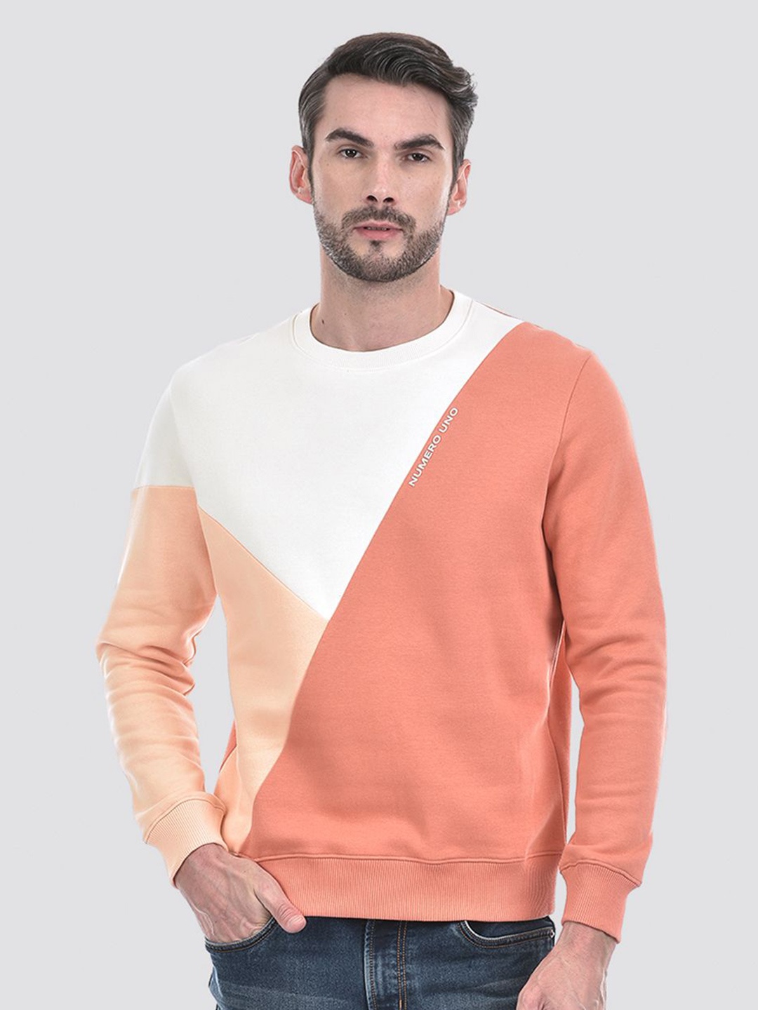 

Numero Uno Men Cotton Colourblocked Pullover Sweatshirt, Peach