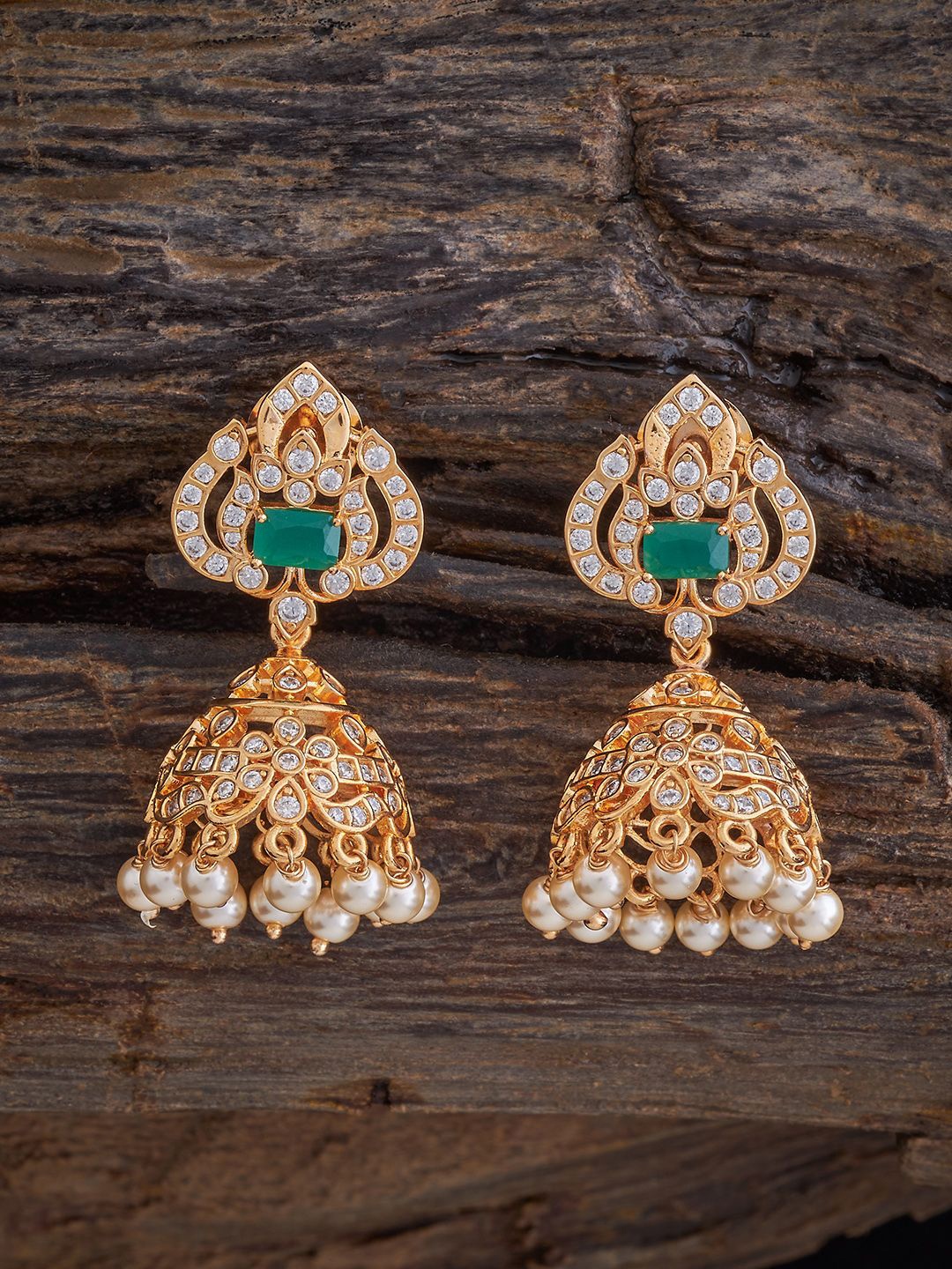 

Kushal's Fashion Jewellery Gold-Plated Zircon Studded Dome Shaped Jhumkas