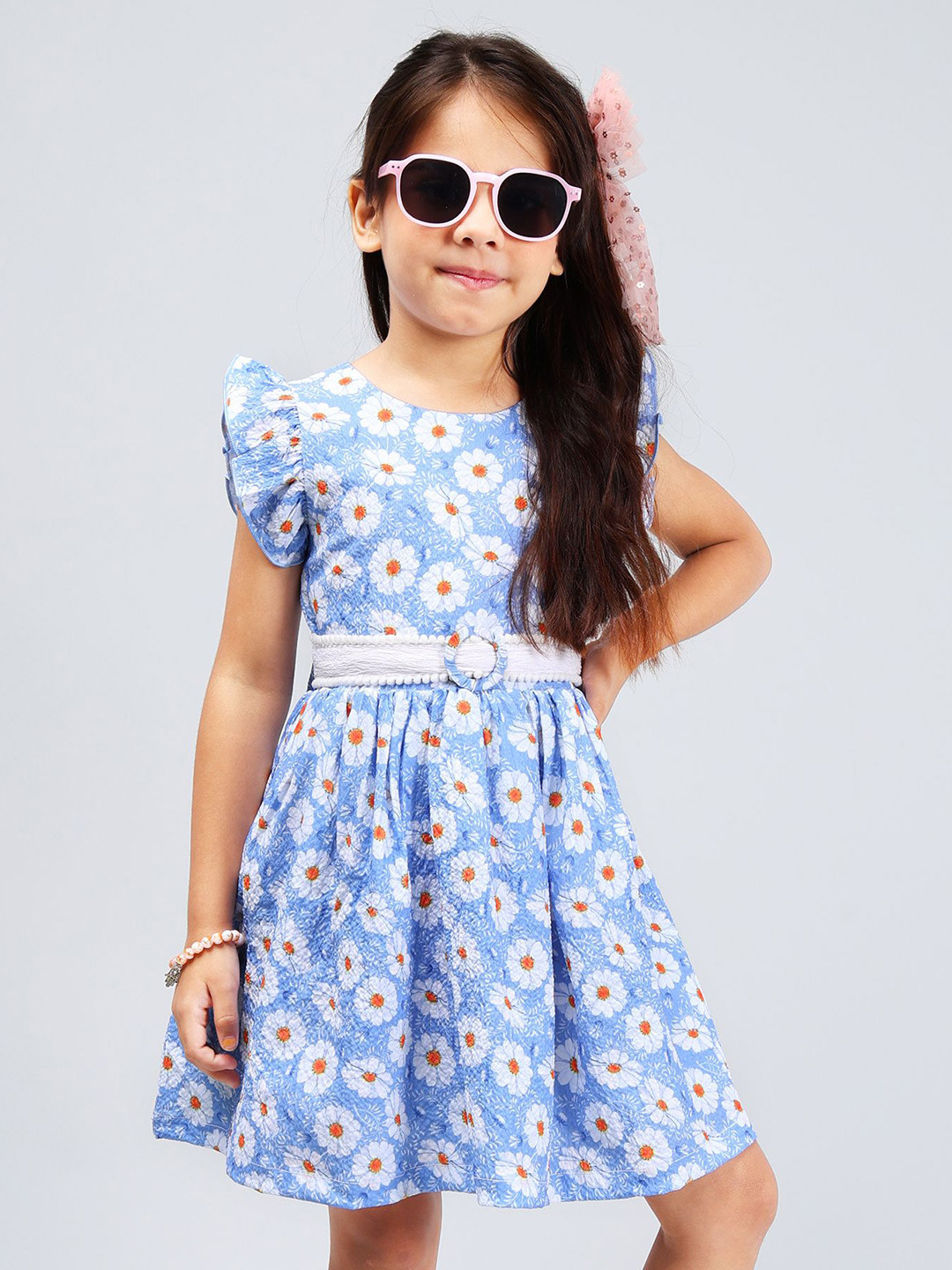 

PINK MERMAID Girls Floral Printed Gathered Fit and Flare Cotton Dress Comes with a belt, Blue