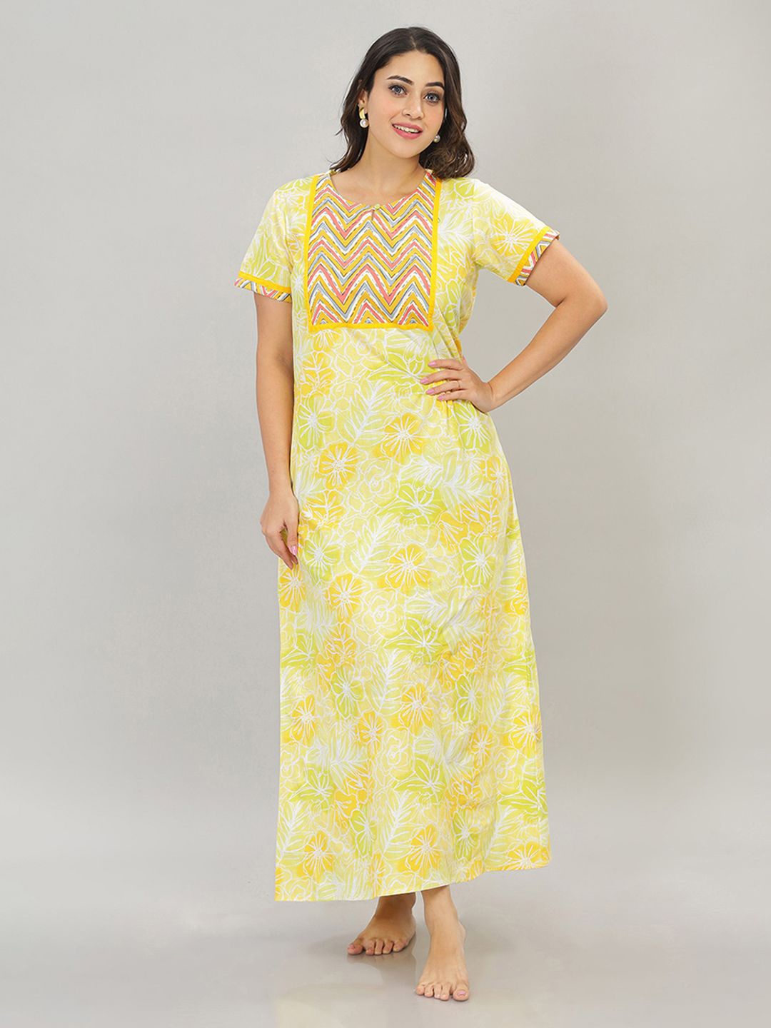 

NAIDU HALL Women Pure Cotton Floral Printed Maxi Nightdress, Yellow