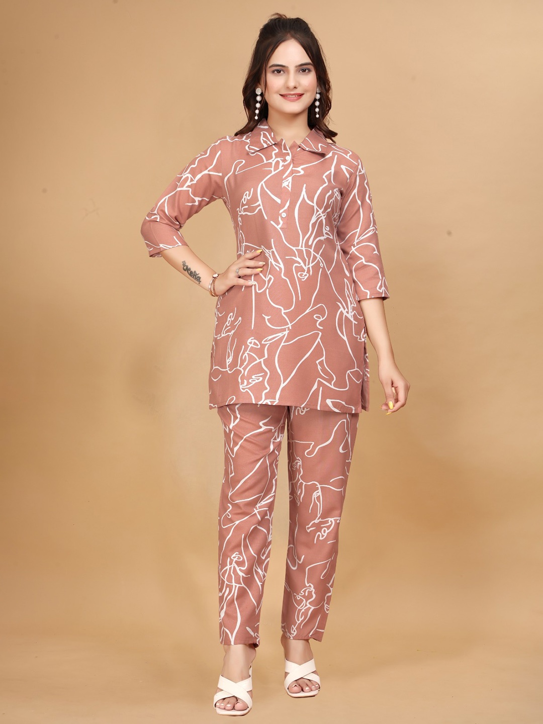 

Anouk Peach and White Shirt Collar Printed Top With Trouser