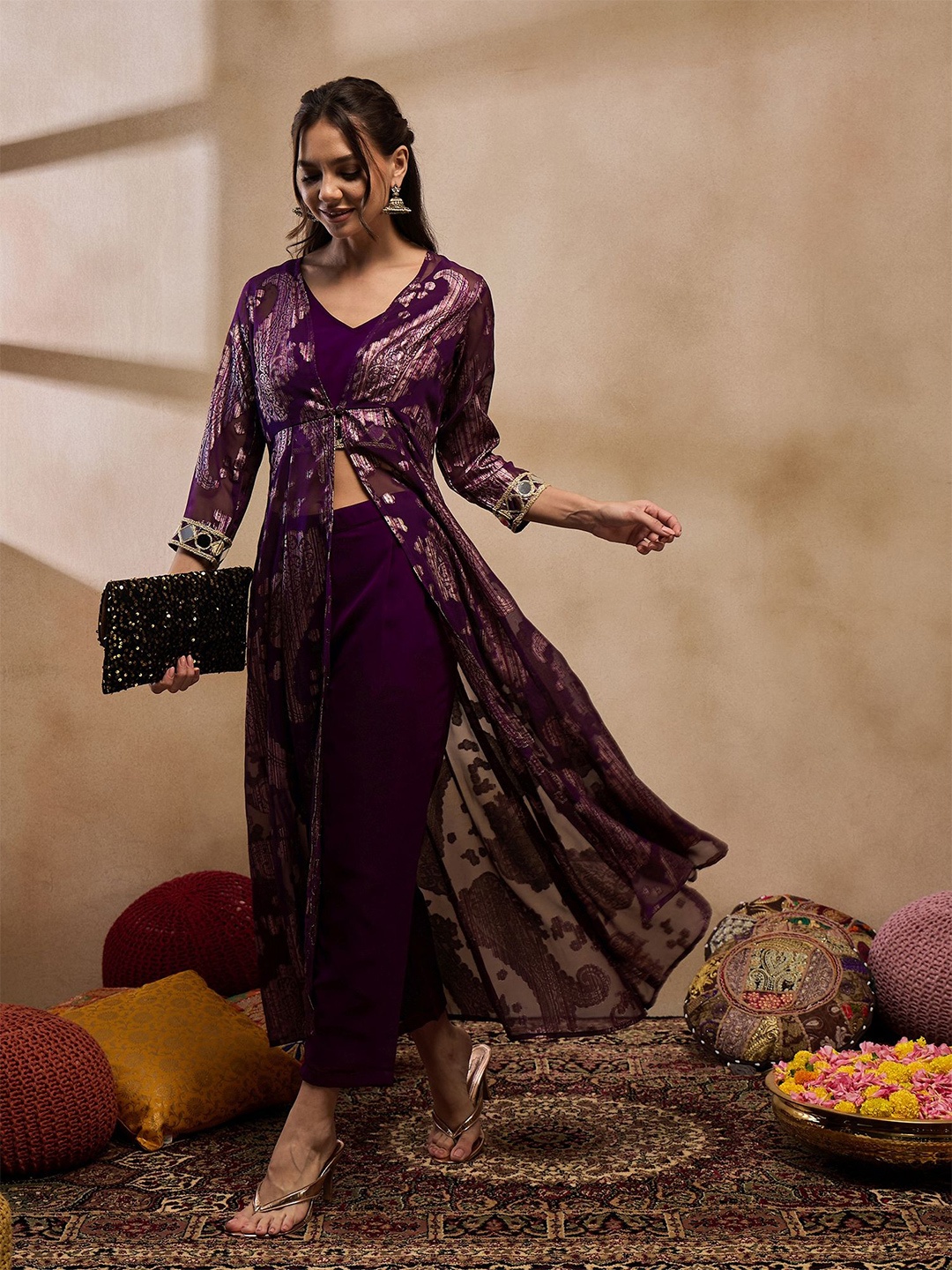 

MABISH by Sonal Jain Floral Printed Anarkali Kurta with Trousers, Purple