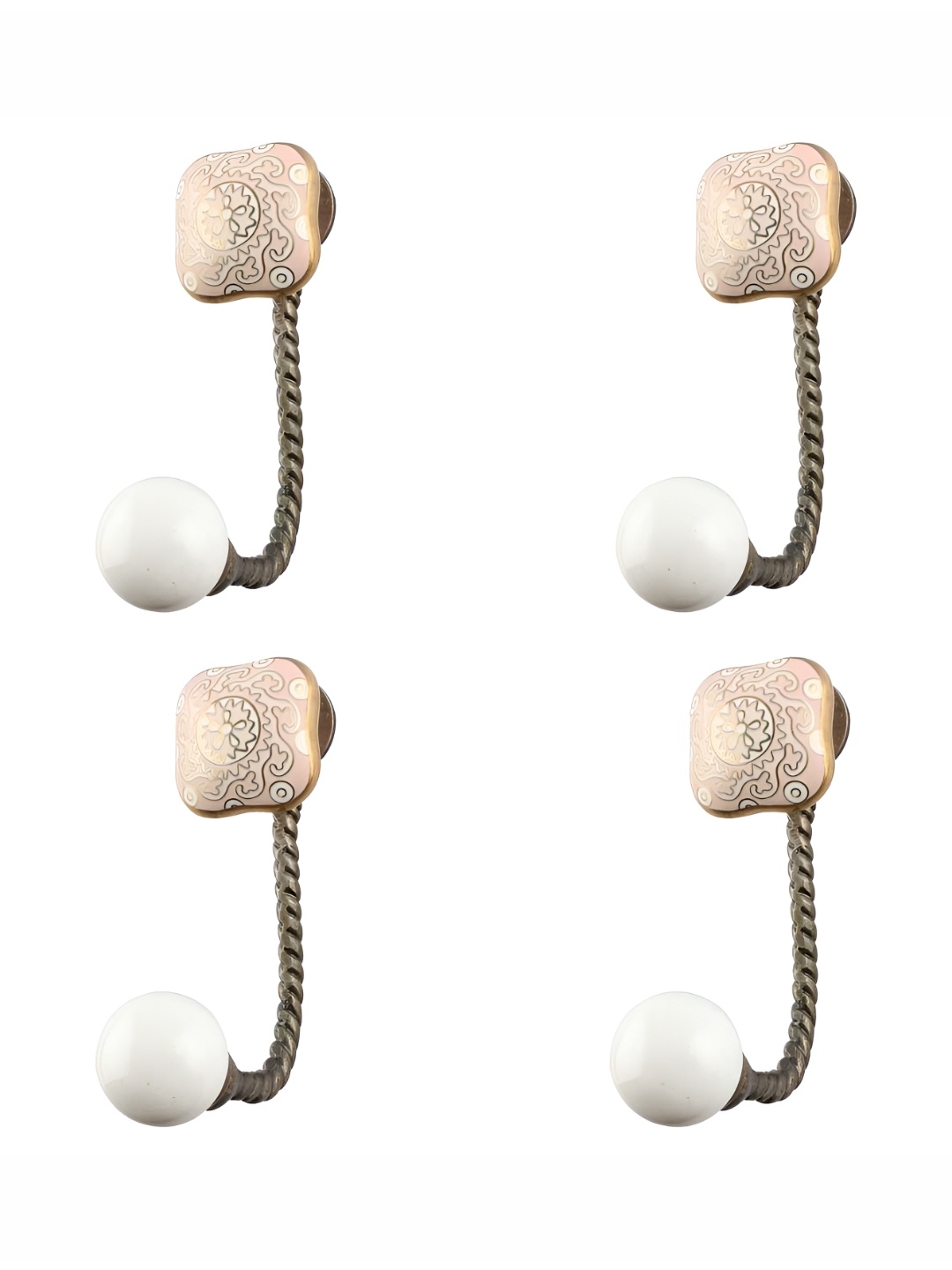 

IndianShelf Goldtoned 4 Pieces Floral Printed Ceramic Square Wall Hooks, Gold