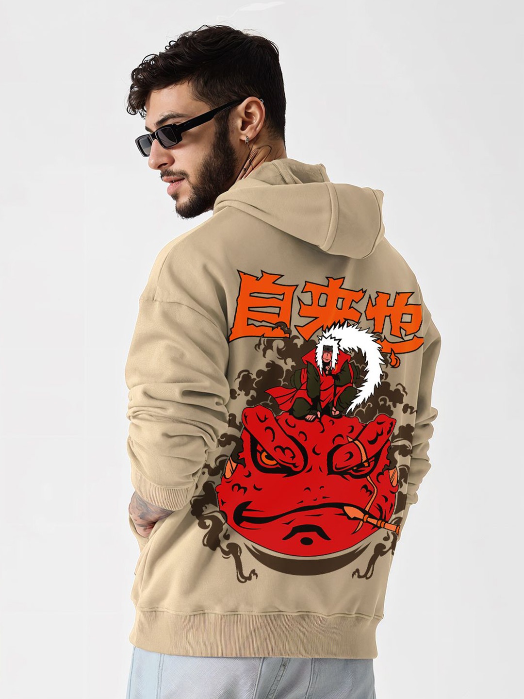 

Crazymonk Printed Anime Jiraiya X Gamakichi Oversized Fit Hooded Sweatshirt, Beige
