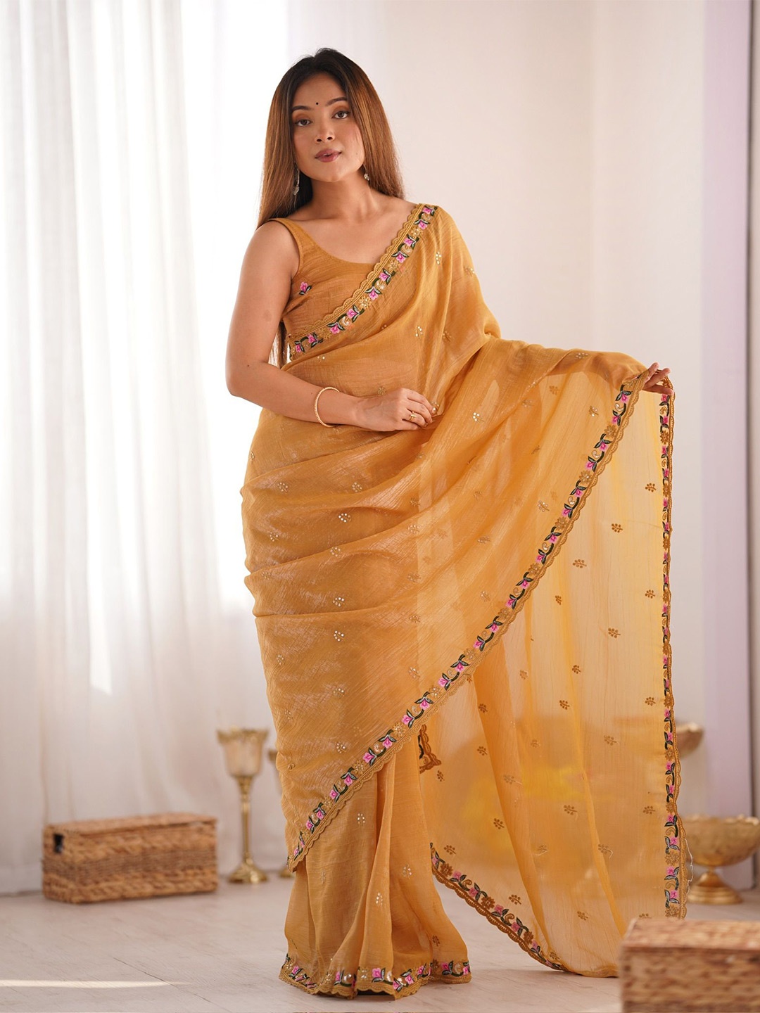 

KSM PRINTS Ethnic Motifs Sequinned Saree, Mustard