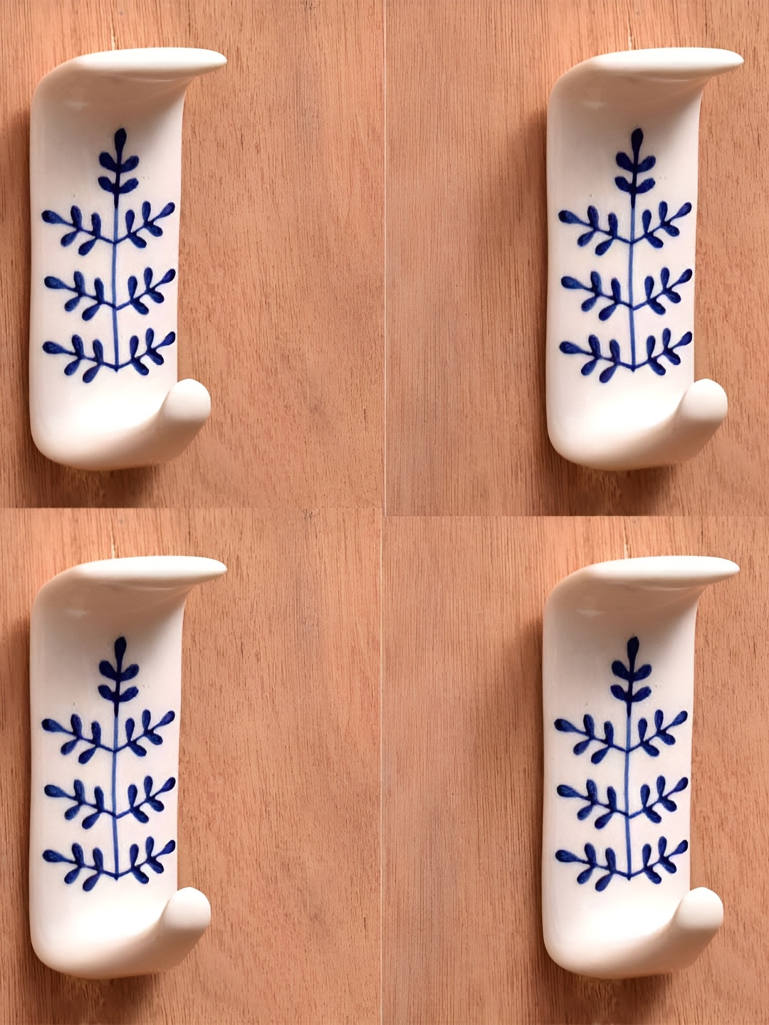 

IndianShelf White & Blue 4 Pieces Ceramic Floral Wall Hooks