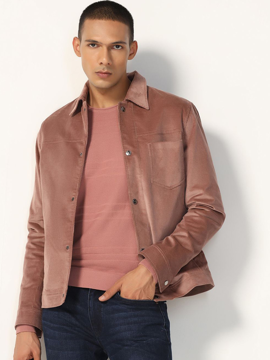 

Blackberrys Men Striped Polyester Crop Biker Jacket, Peach