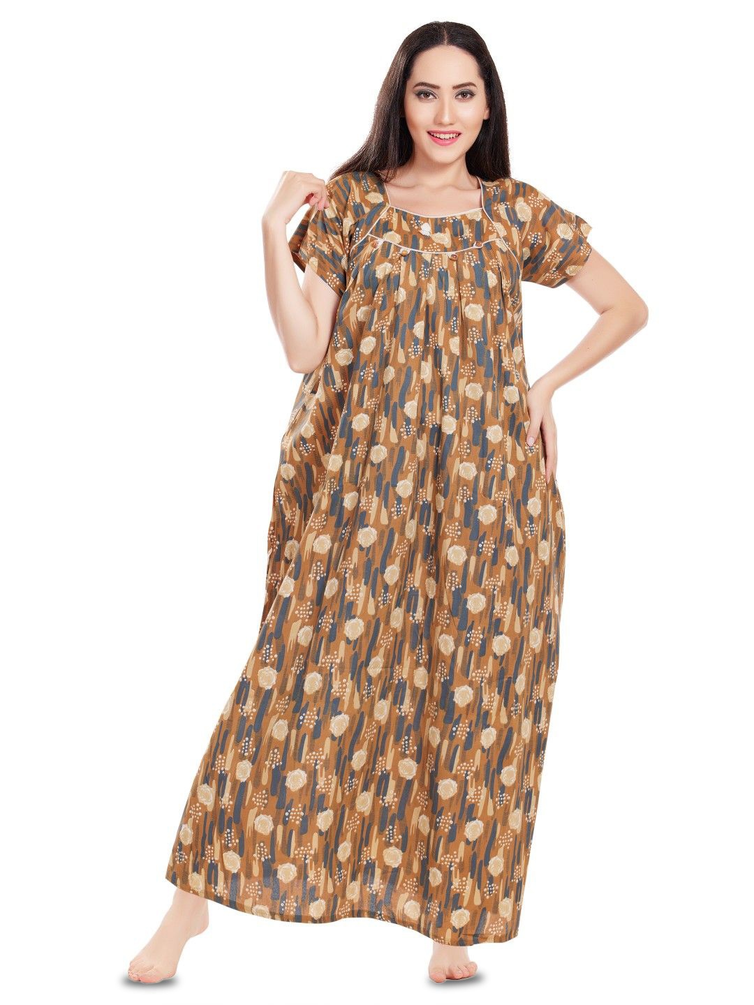 

Zionity Women Printed Maxi Nightdress, Yellow