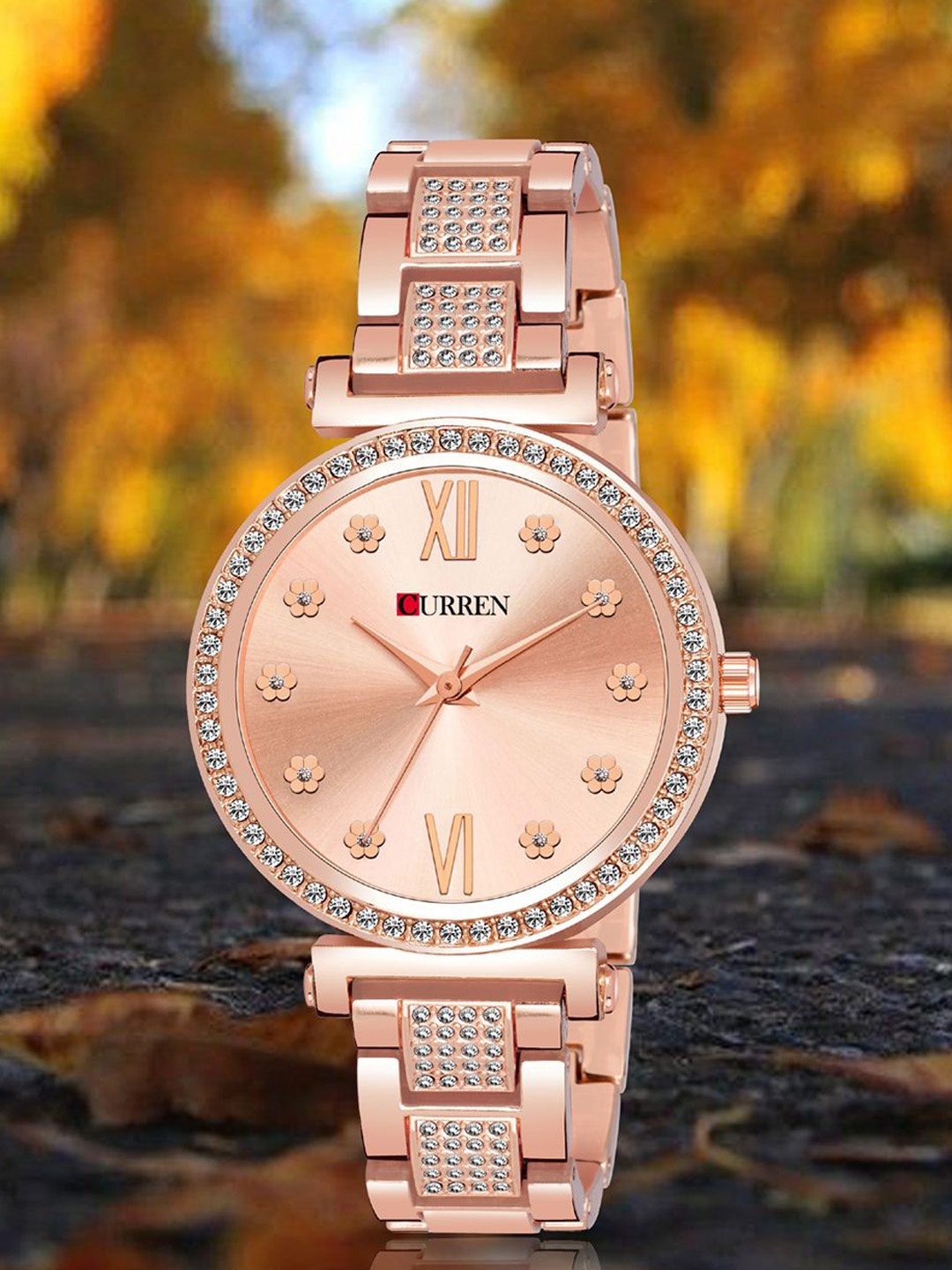 

Curren Women Brass Embellished Dial & Stainless Steel Wrap Around Straps Analogue Watch CR-1660-RSFLWRose, Rose gold