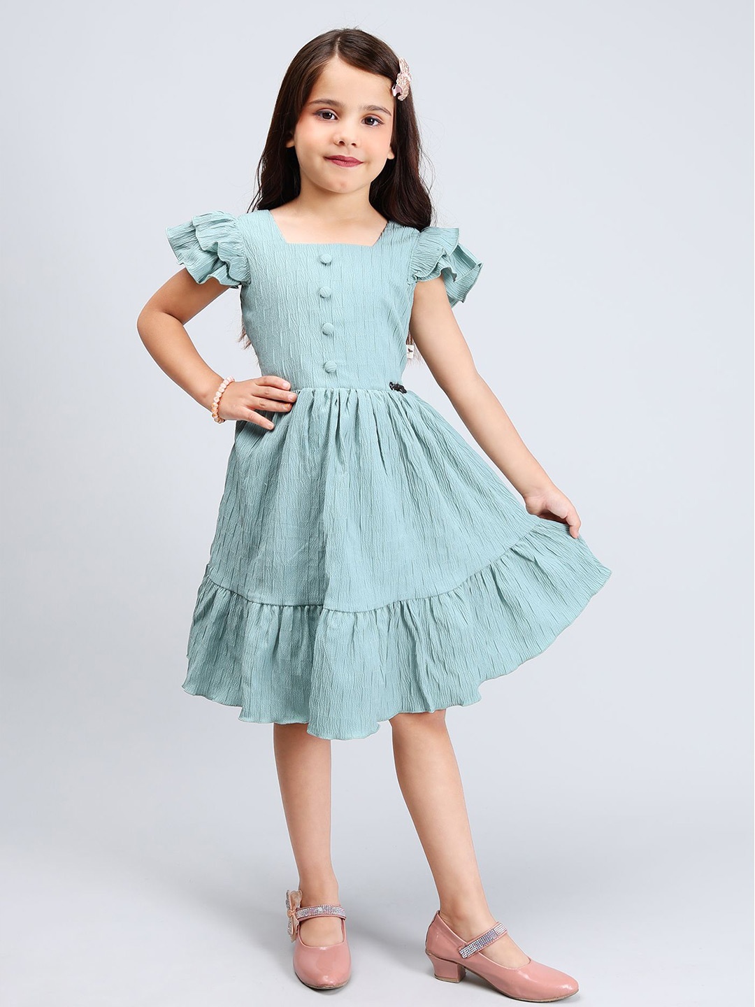 

PINK MERMAID Girls Cotton Flutter Sleeve Fit and Flare Dress, Blue