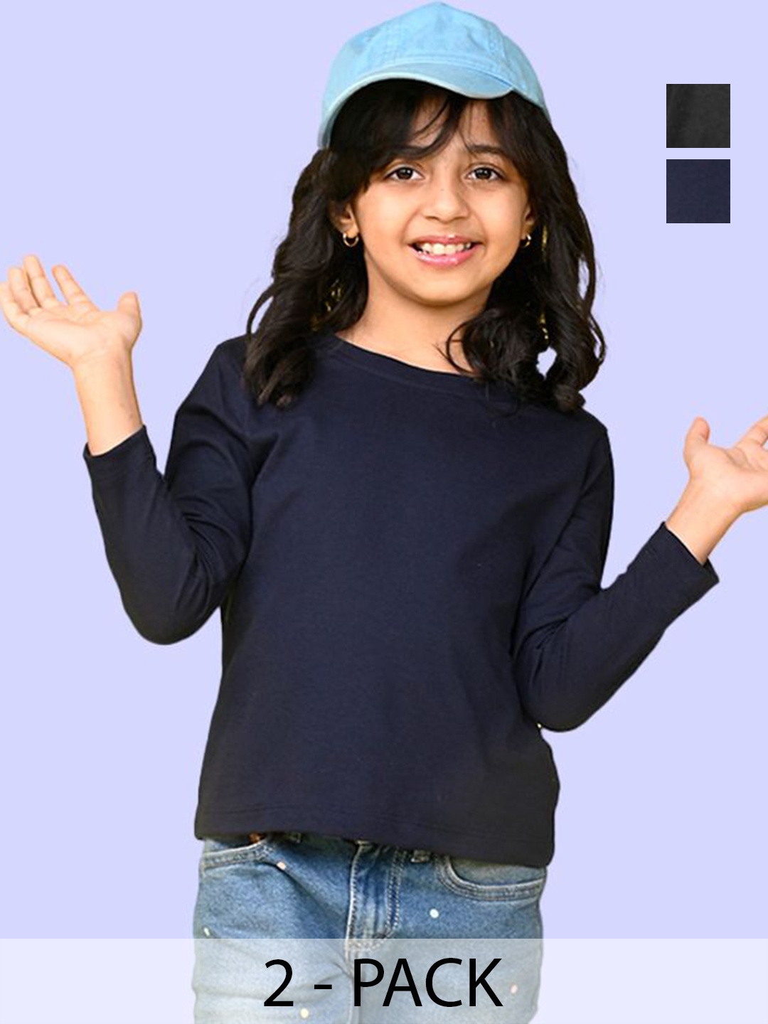 

NUSYL Girls Pack Of 2 Solid Round Neck Cotton T-shirts, Navy blue