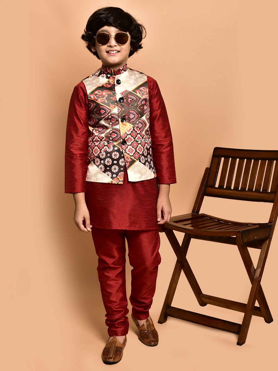 

PRINTINDIA Boys Mandarin Collar Regular Straight Kurta with Pyjamas, Red