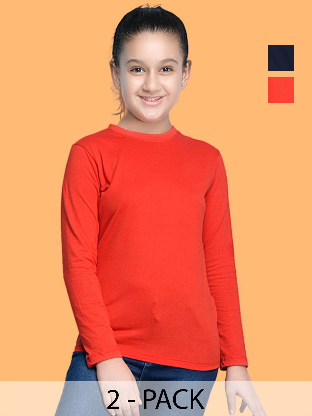 

NUSYL Girls Pack Of 2 Solid Round Neck Cotton T-shirts, Navy blue