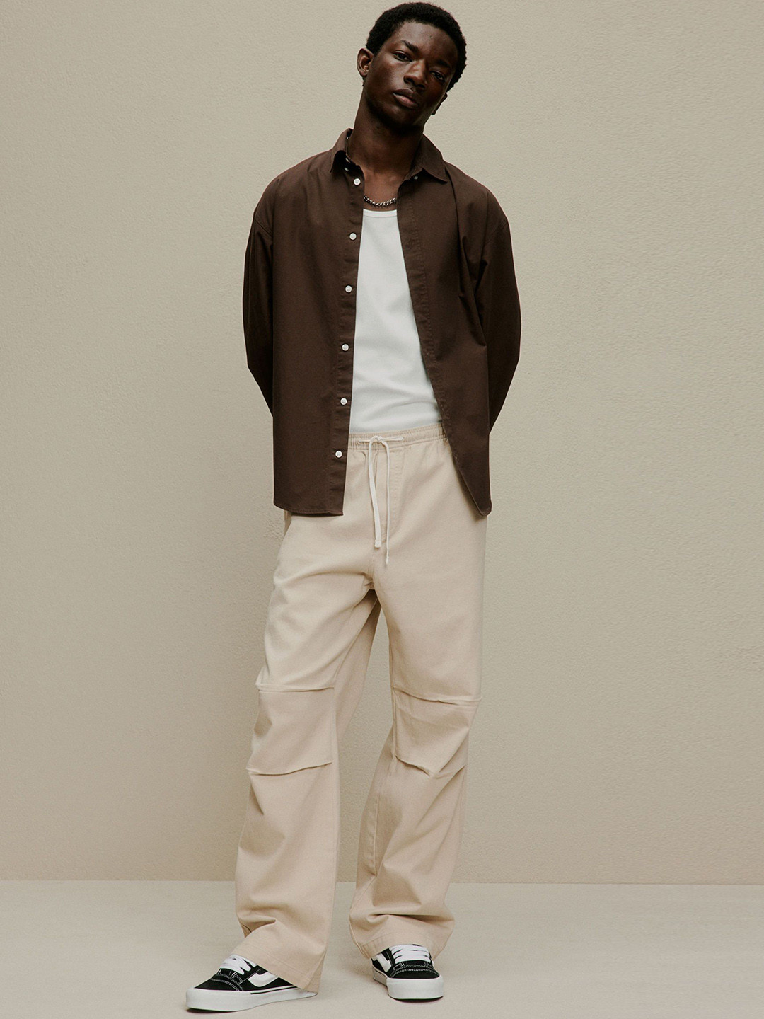 

H&M Loose Fit Twill Trousers, Beige