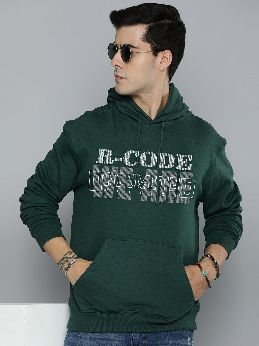 

R.Code by The Roadster Life Co. Men Typography Printed Hooded Sweatshirt, Green
