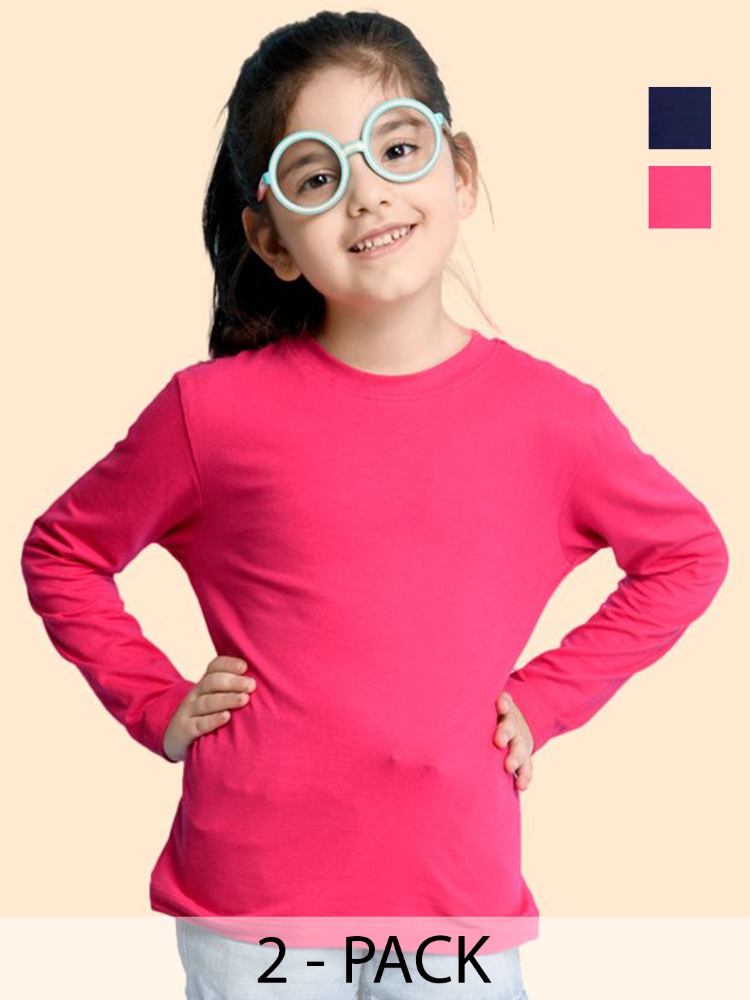 

NUSYL Girls Pack Of 2 Solid Round Neck Cotton T-shirts, Pink