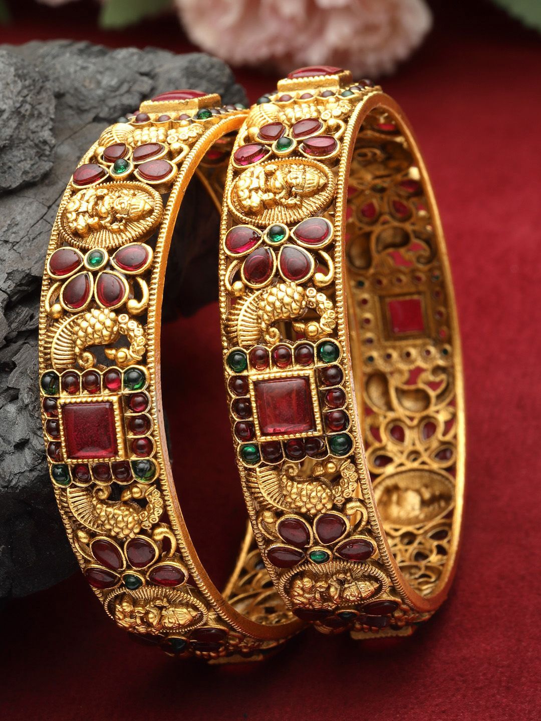 

PANASH Set Of 2 24 CT Gold-Plated Antique Bangles