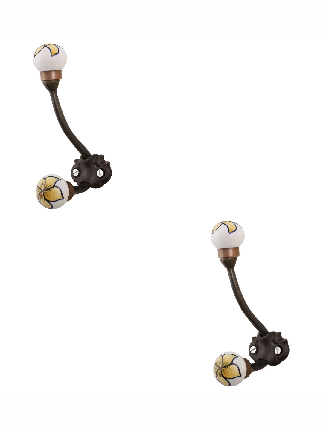 

IndianShelf Yellow & Brown 2 Pieces Ceramic Leaf Wall Mounted Hooks Door Hanger