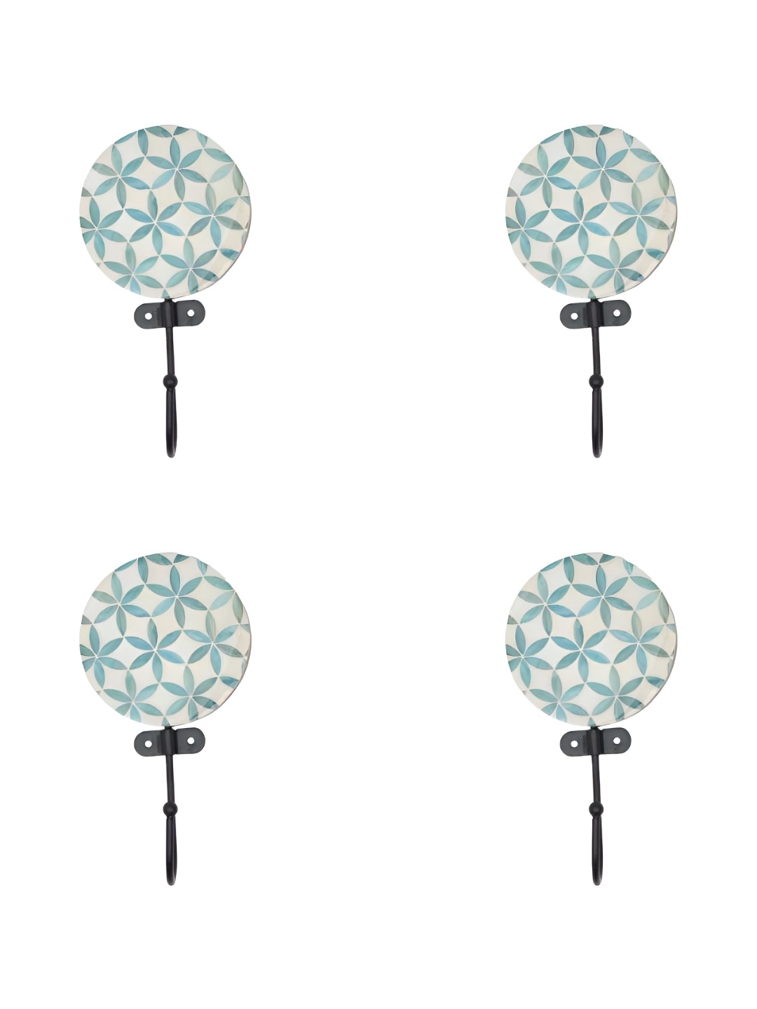 

IndianShelf White & Green 4 Pieces Printed Ceramic Wall Hooks
