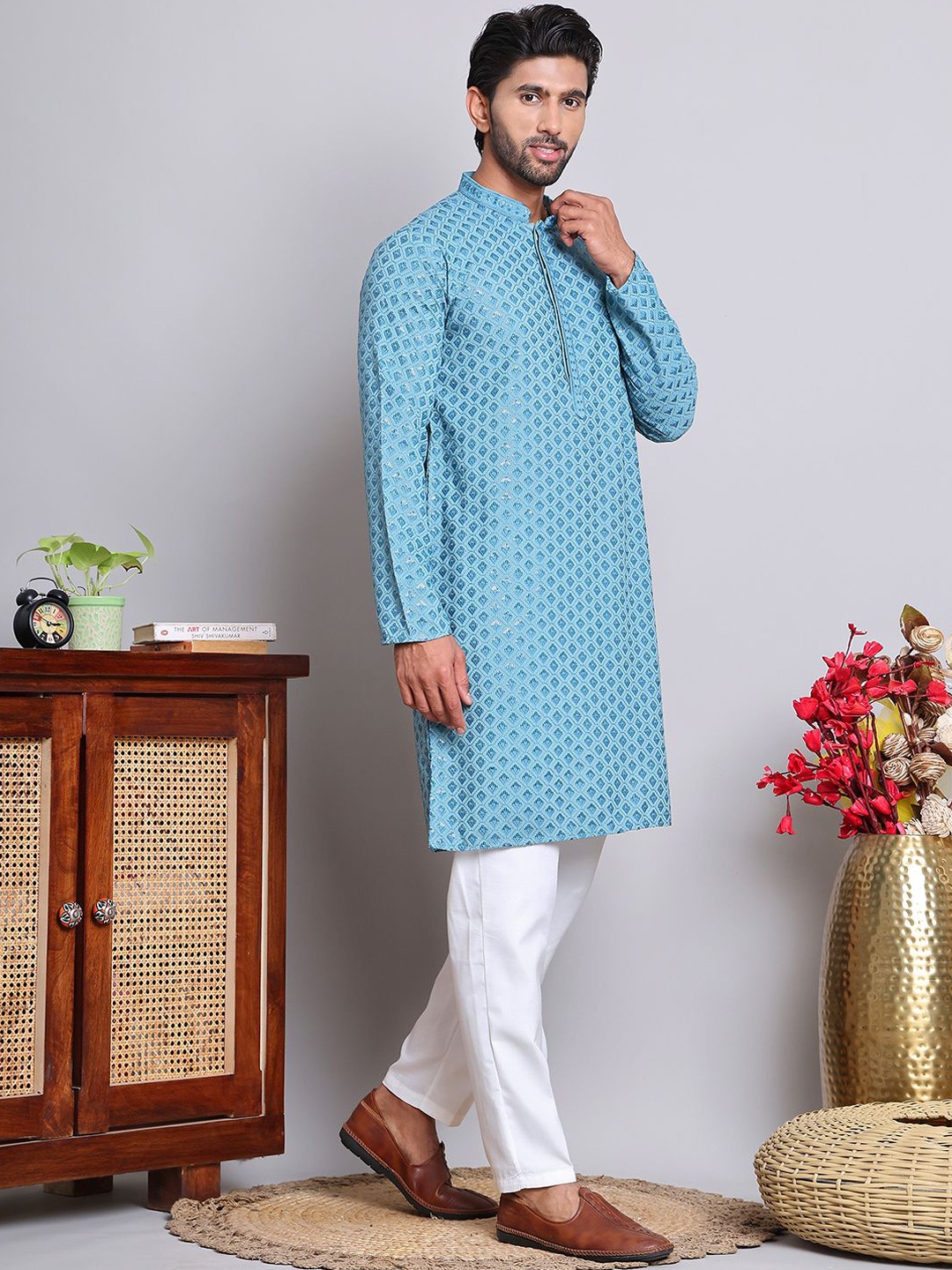 

Anouk Blue Floral Embroidered Mandarin Collar Sequinned Straight Kurta With Pyjamas