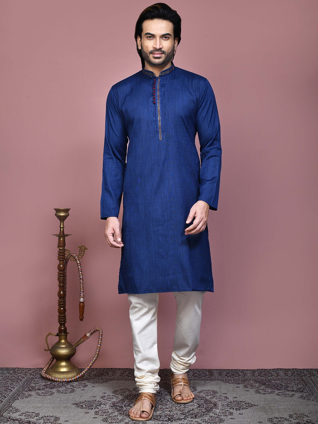 

RANAK Mandarin Collar Long Sleeves Regular Straight Kurta, Navy blue